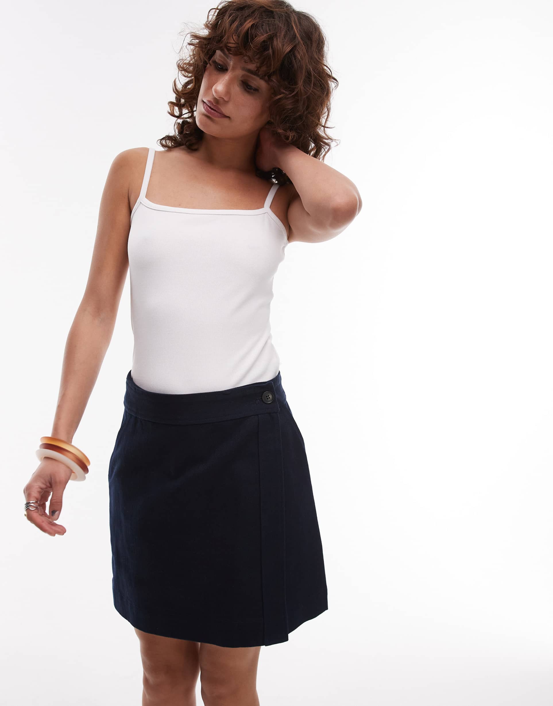 arket pure cotton twill wrap mini skirt in navy blue