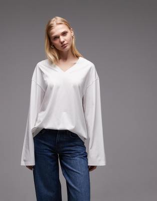 Arket Pure Cotton V-neck Long Sleeve T-shirt In White