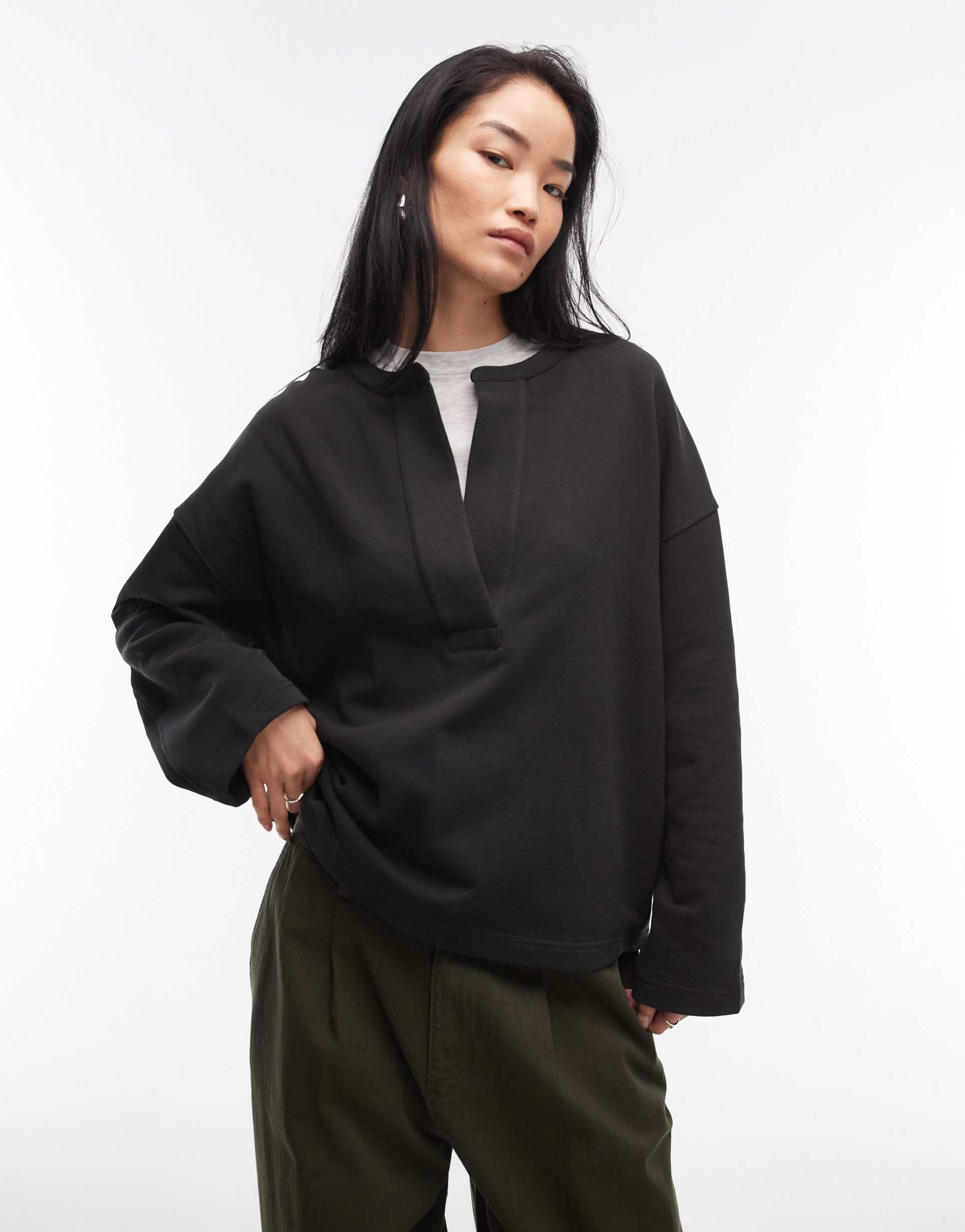 arket pure cotton v-neck sweatshirt in black