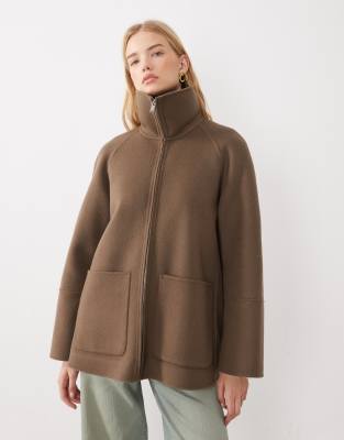 Arket Pure Double Wool High Funnel Neck Collar Short Coat In Brown