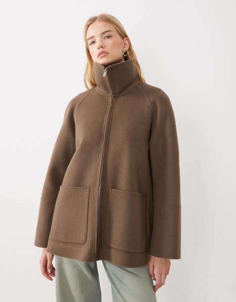 ARKET pure double wool high funnel neck collar short coat in brown - view 1