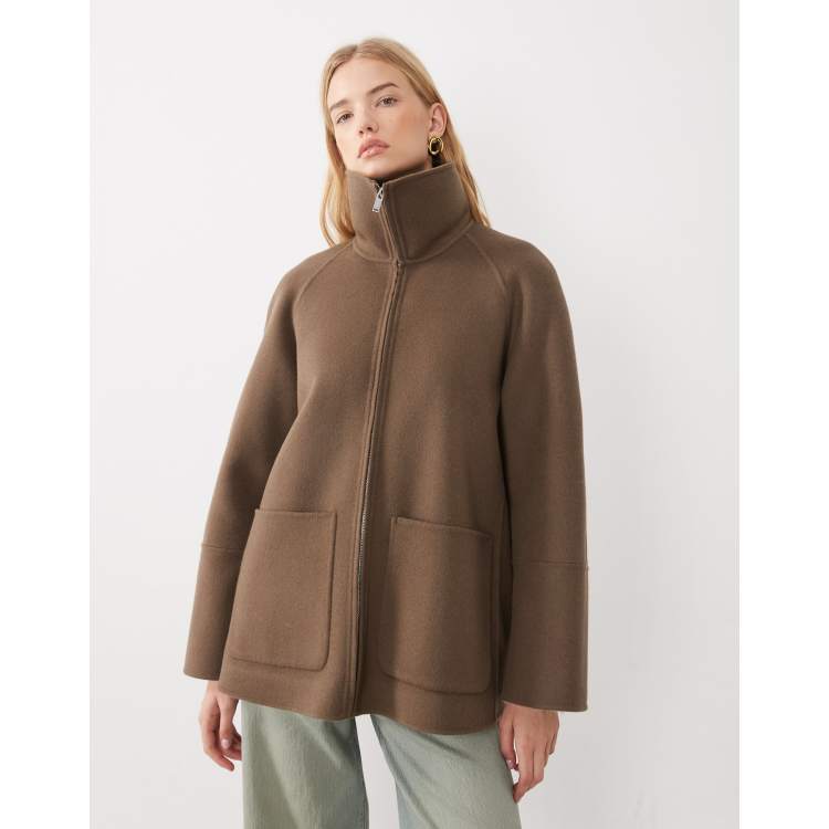 ARKET pure double wool high funnel neck collar short coat in brown