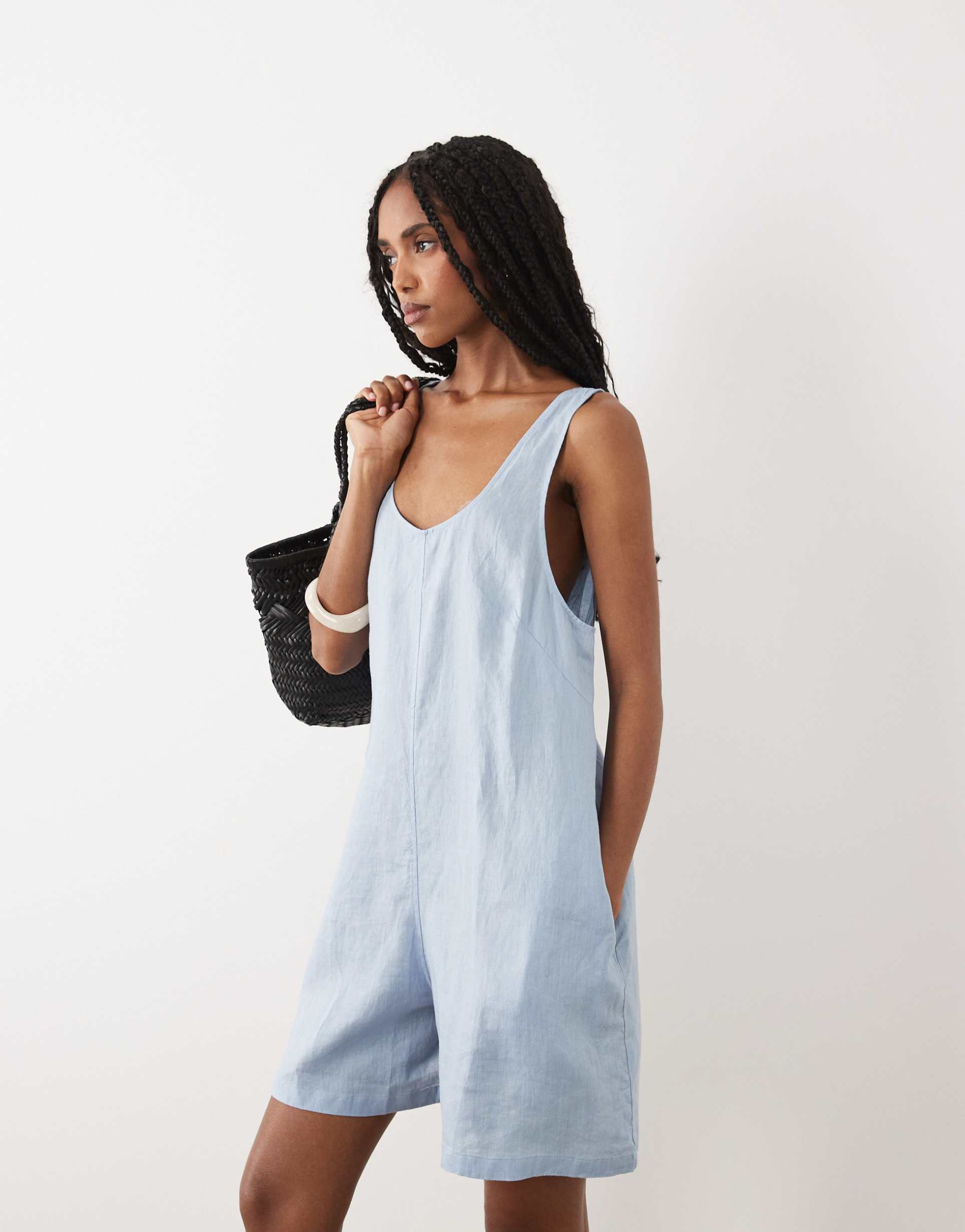 arket pure linen beach romper in dusty blue