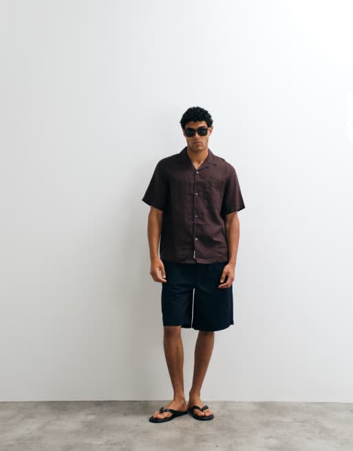ARKET pure linen short sleeve resort shirt in chocolate brown, 3 of 5