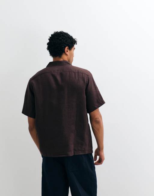 ARKET pure linen short sleeve resort shirt in chocolate brown, 5 of 5