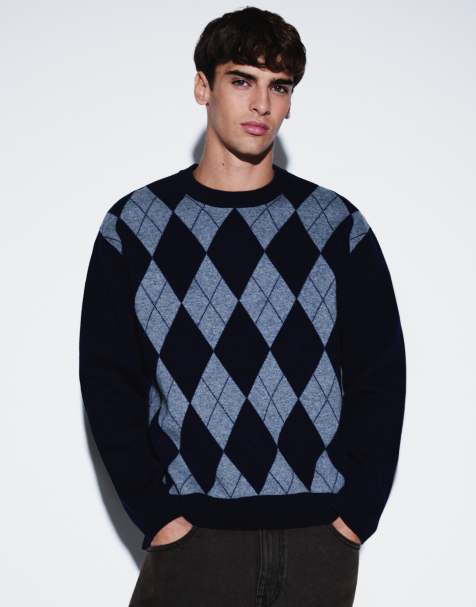 ARKET pure merino wool argyle crew neck jumper in dark blue - view 1