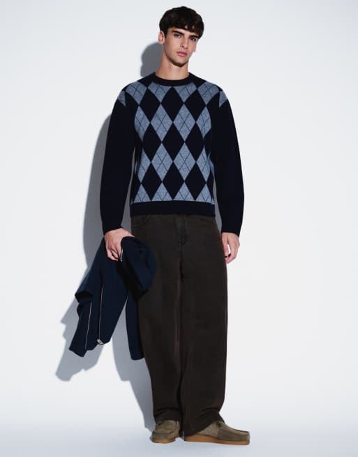 ARKET pure merino wool argyle crew neck jumper in dark blue, 3 of 5