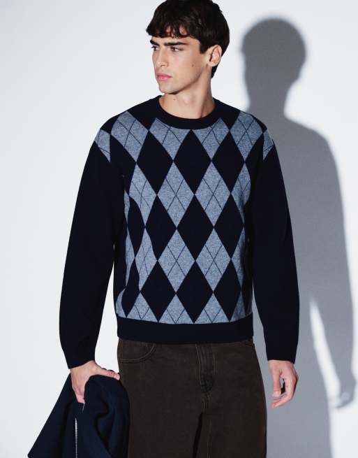 ARKET pure merino wool argyle crew neck jumper in dark blue, 5 of 5