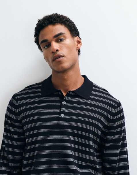 ARKET pure merino wool long sleeve polo in navy stripe - view 1