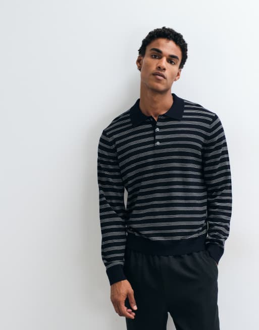 ARKET pure merino wool long sleeve polo in navy stripe, 2 of 5