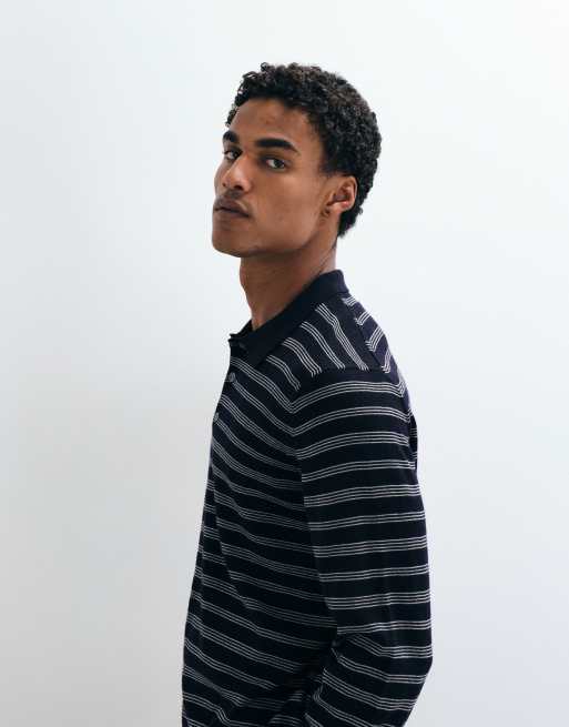ARKET pure merino wool long sleeve polo in navy stripe, 5 of 5