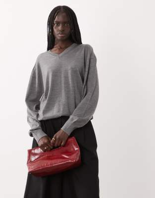 Arket Pure Merino Wool V-neck Oversized Sweater In Gray