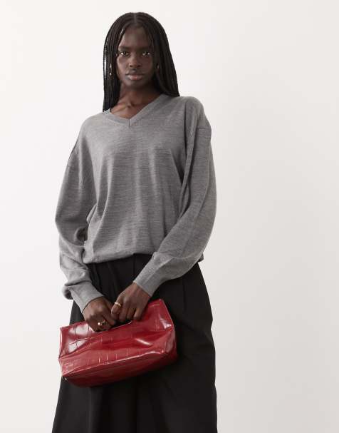 ARKET pure merino wool v-neck oversized sweater in gray - view 1