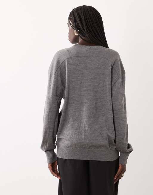 ARKET pure merino wool v-neck oversized sweater in gray, 4 of 4