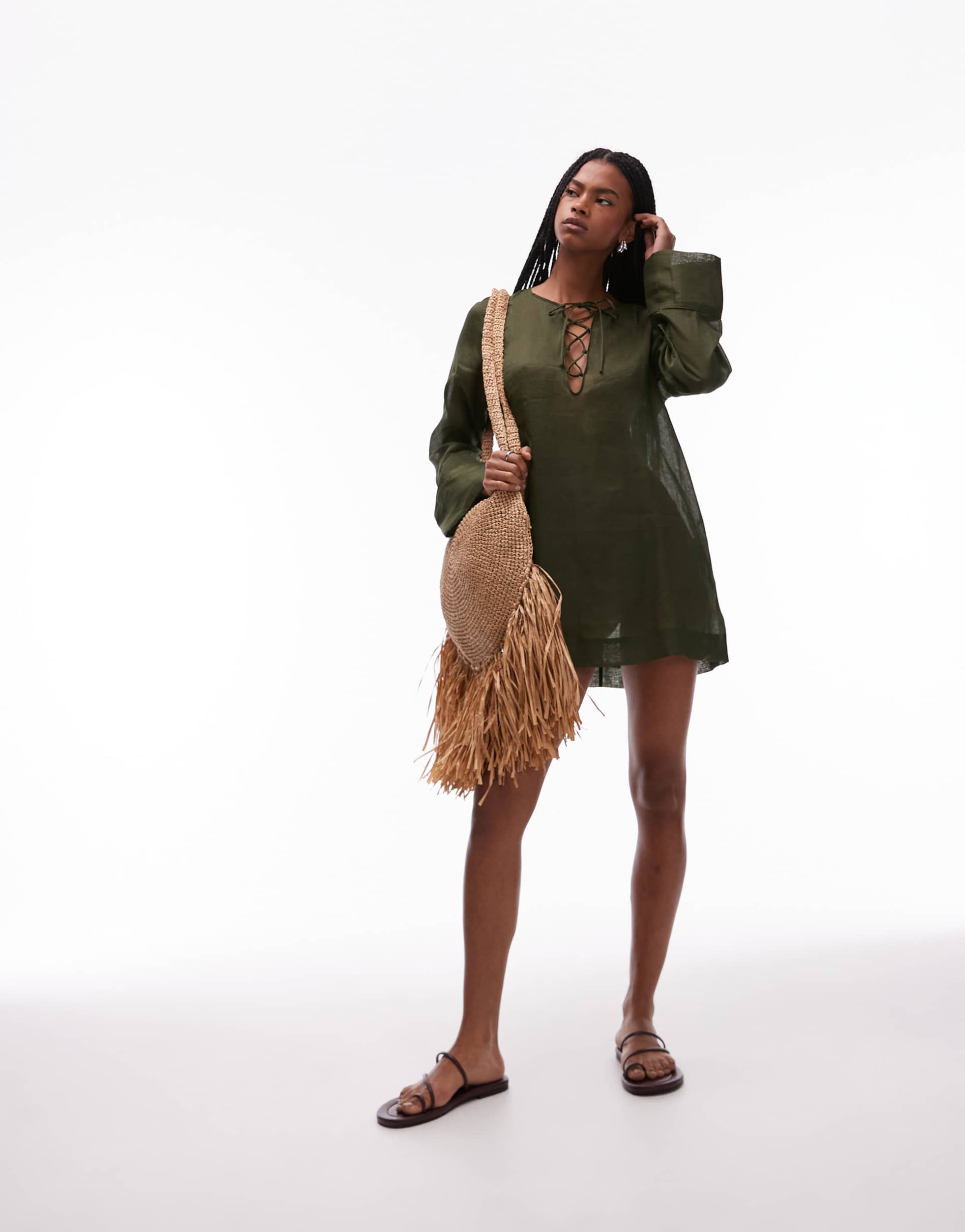 arket pure ramie sheer mini beach cover-up in khaki green