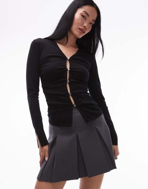 ARKET pure velvet ruched v-neck long sleeve top in black - view 1