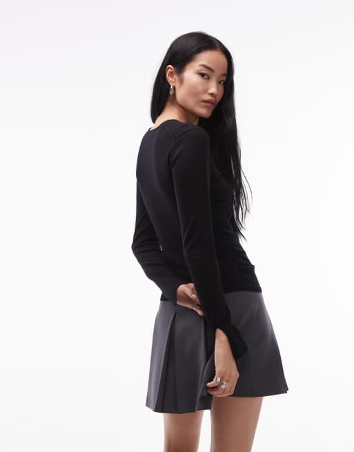 ARKET pure velvet ruched v-neck long sleeve top in black, 4 of 4
