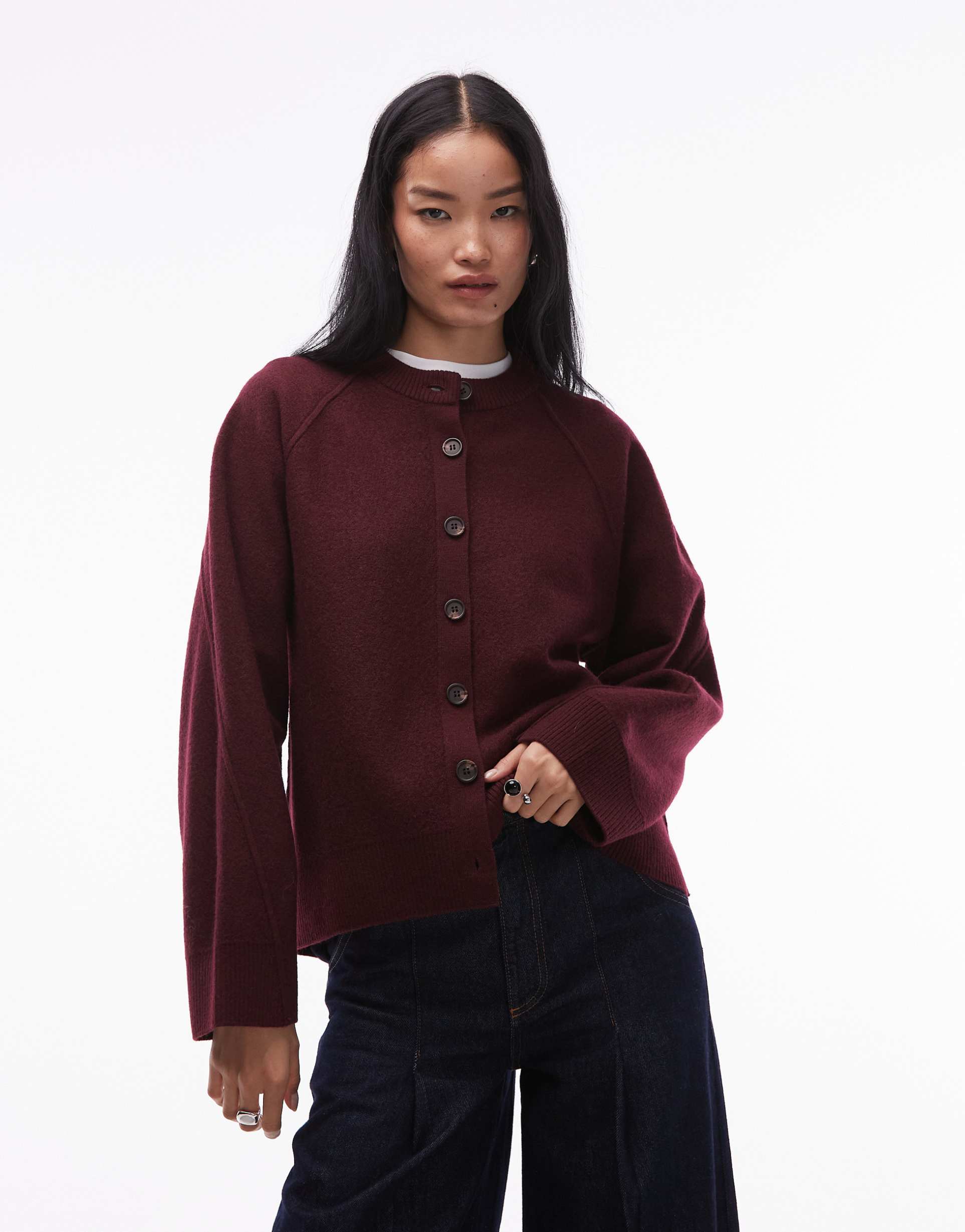 arket pure wool cardigan in burgundy