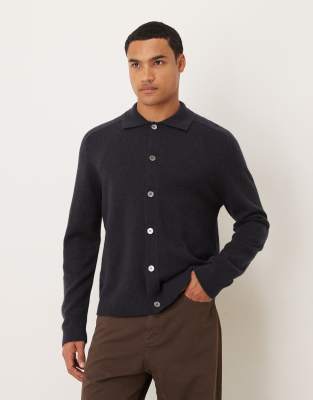 Arket Pure Wool Cardigan With Button Front And Polo Collar In Black