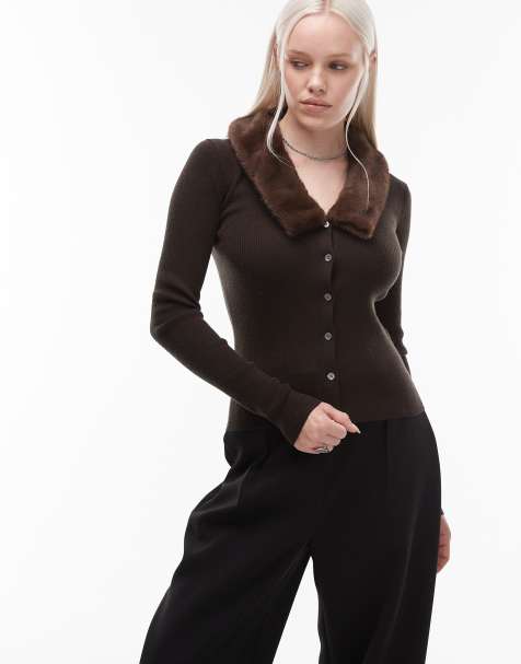 ARKET pure wool cardigan with faux fur collar in dark brown