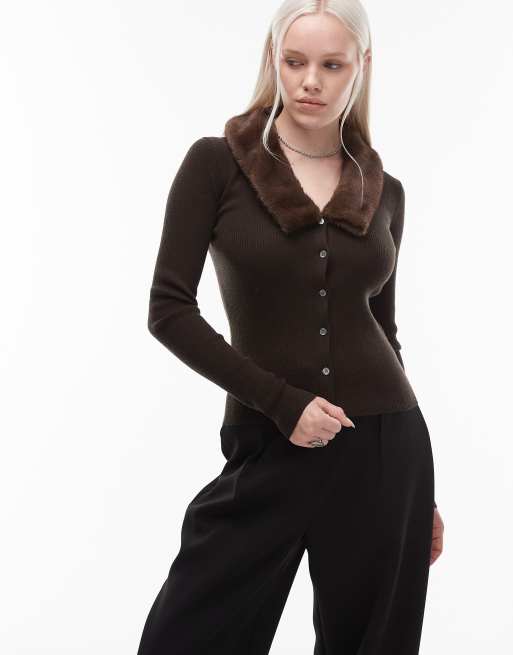 ARKET pure wool cardigan with faux fur cuffs and collar dark brown