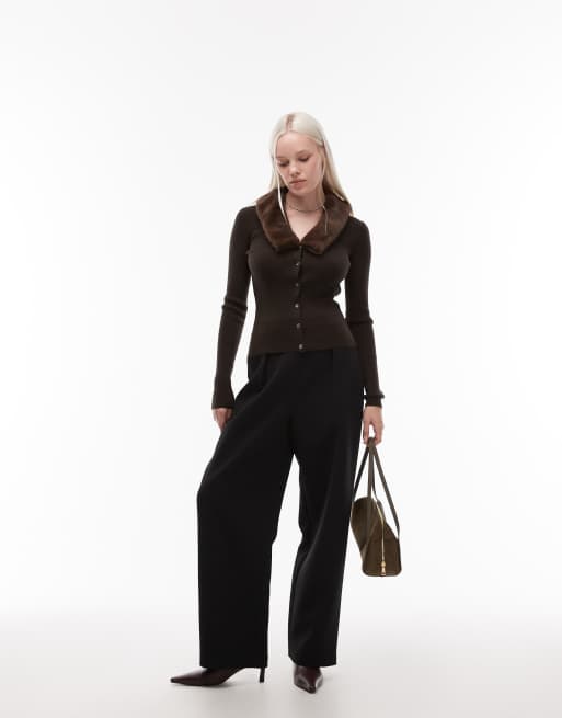 ARKET pure wool cardigan with faux fur cuffs and collar in dark brown, 2 of 4