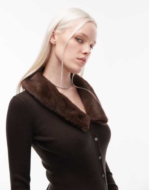 ARKET pure wool cardigan with faux fur cuffs and collar in dark brown, 3 of 4