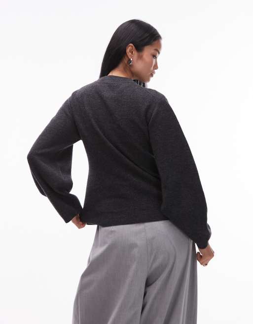 ARKET pure wool cinched waist jumper in dark grey, 3 of 4