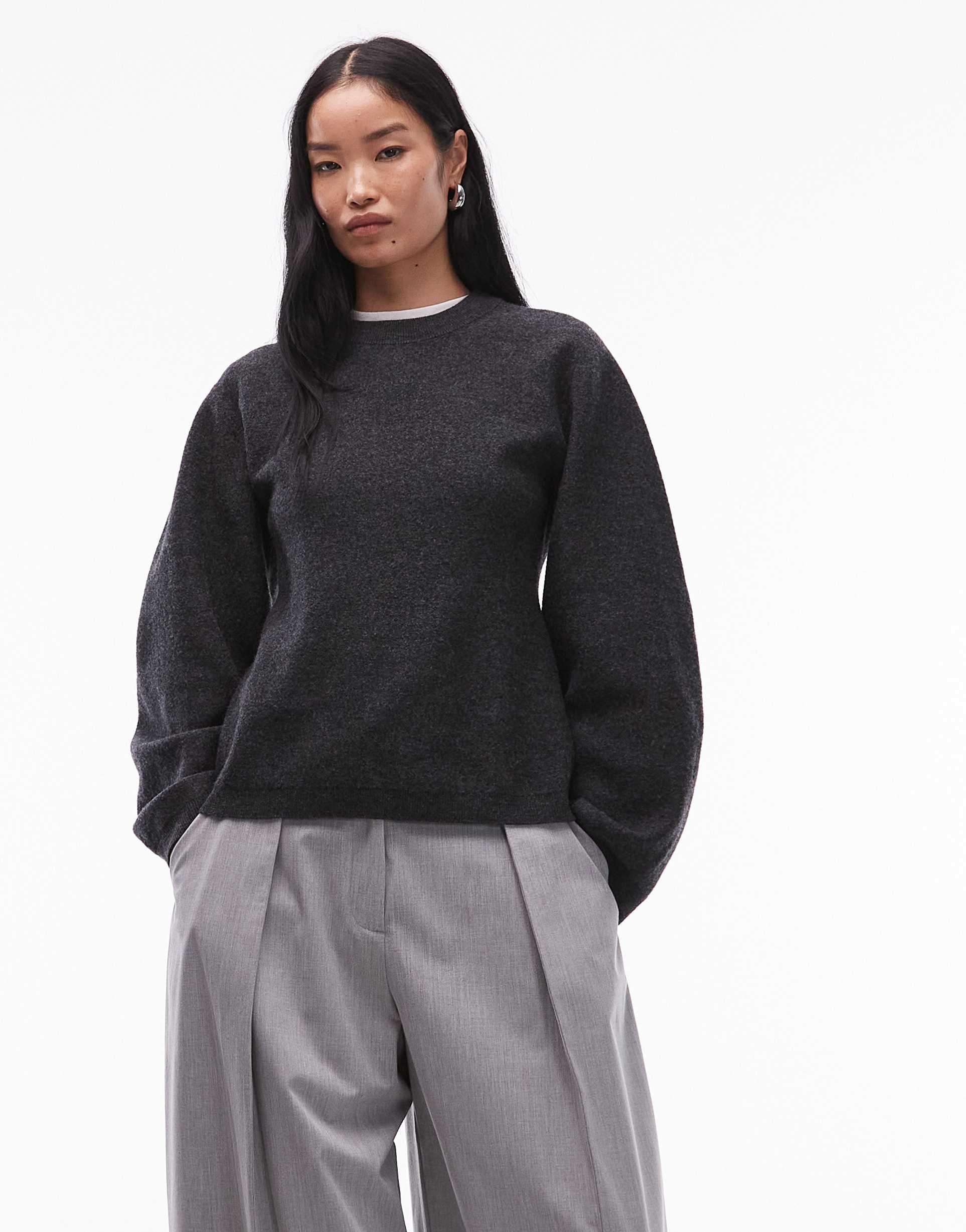 arket pure wool cinched waist sweater in dark gray