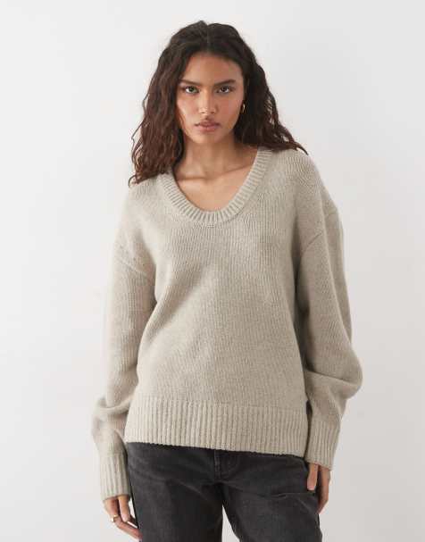 ARKET pure wool deep scoop neck sweater in beige - view 1
