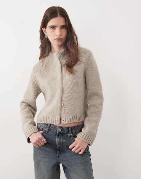 ARKET pure wool funnel neck cardigan in beige - view 1