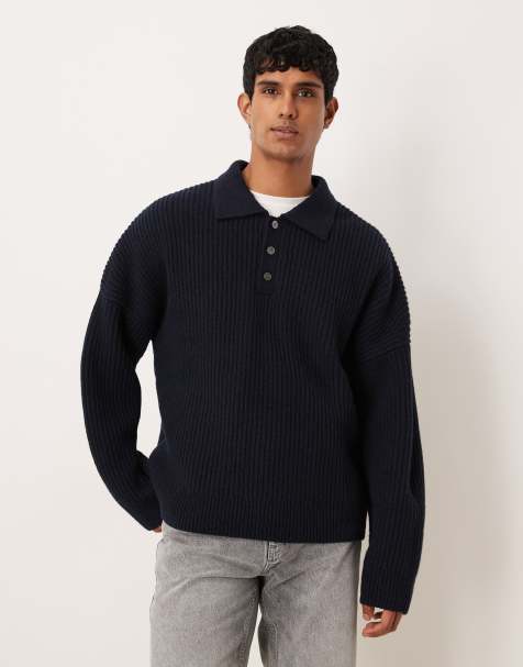 ARKET pure wool half cardigan polo shirt in navy - view 1