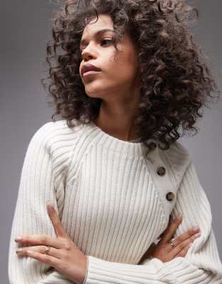 Arket Pure Wool Knit Sweater With Button Shoulder Detail In White