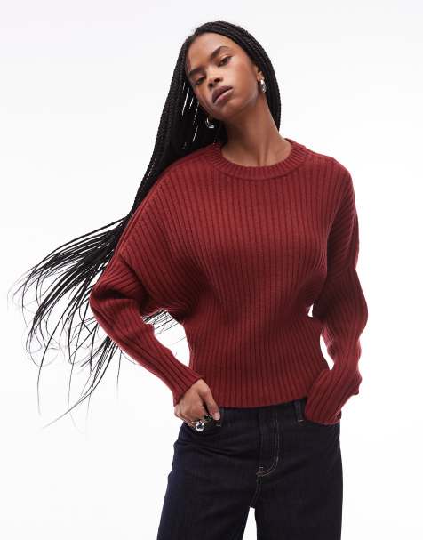 ARKET pure wool ribbed jumper with cinched waist and batwing sleeves in rust