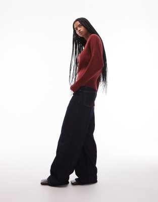 Arket Pure Wool Ribbed Sweater With Cinched Waist And Batwing Sleeves In Burgundy