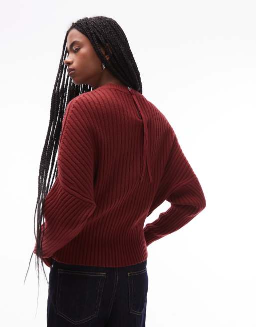 ARKET pure wool ribbed sweater with cinched waist and batwing sleeves in rust, 4 of 4