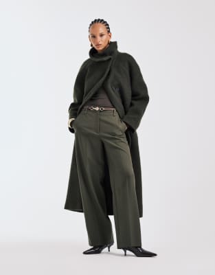 ARKET pure wool straight leg pants with flat front in olive green