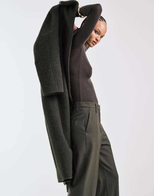 ARKET pure wool straight leg pants with flat front in olive green, 4 of 5