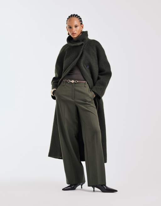 ARKET pure wool  straight leg trousers with flat front in khaki green