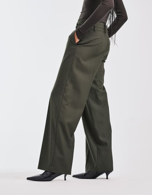 ARKET pure wool straight leg trousers with flat front in olive green, 2 of 5