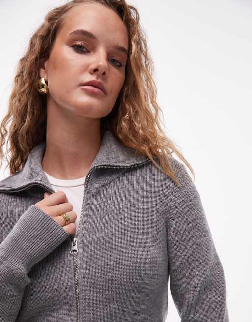 ARKET pure wool zip front cardigan with wide collar in grey melange, 2 of 4