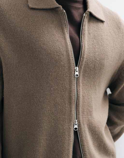 ARKET pure wool zip through cardigan with polo collar in beige, 2 of 5