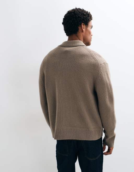 ARKET pure wool zip through cardigan with polo collar in beige, 3 of 5