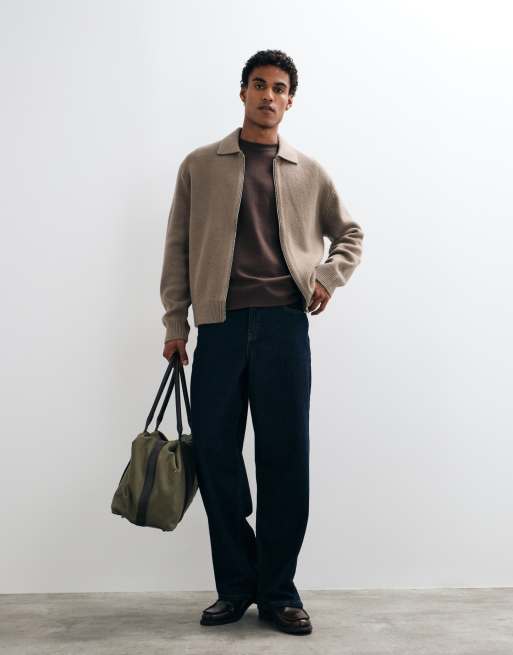 ARKET pure wool zip through cardigan with polo collar in beige, 4 of 5