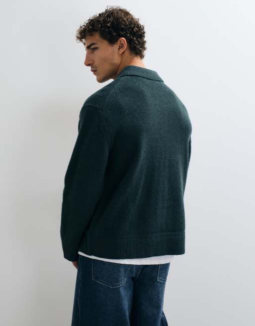 ARKET pure wool zip through cardigan with polo collar in dark green, 2 of 5