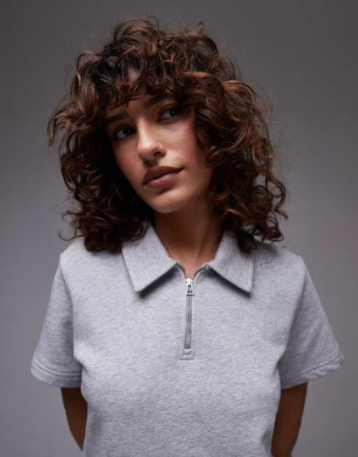 ARKET quarter zip short sleeve polo shirt in gray, 3 of 4