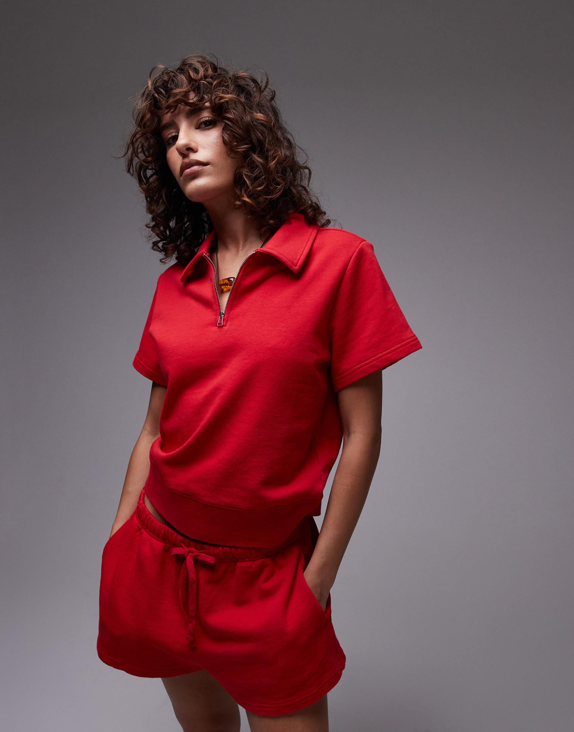 arket quarter zip short sleeve polo shirt in red