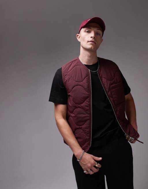 ARKET quilted gilet with zip front in burgundy | ASOS