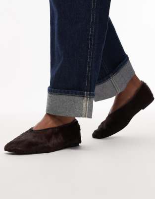  real leather cow hair oval shape ballerina ballet pumps in dark brown