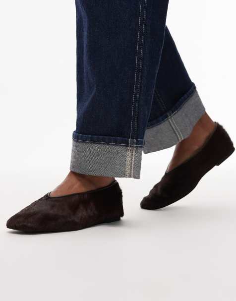 ARKET real leather cow hair oval shape ballerina ballet pumps in dark brown - view 1